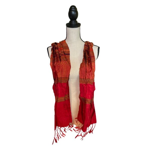 Womens Rectangle Scarf Handwoven Fringe Red Orange Striped Pattern Lightweight - Picture 2 of 6